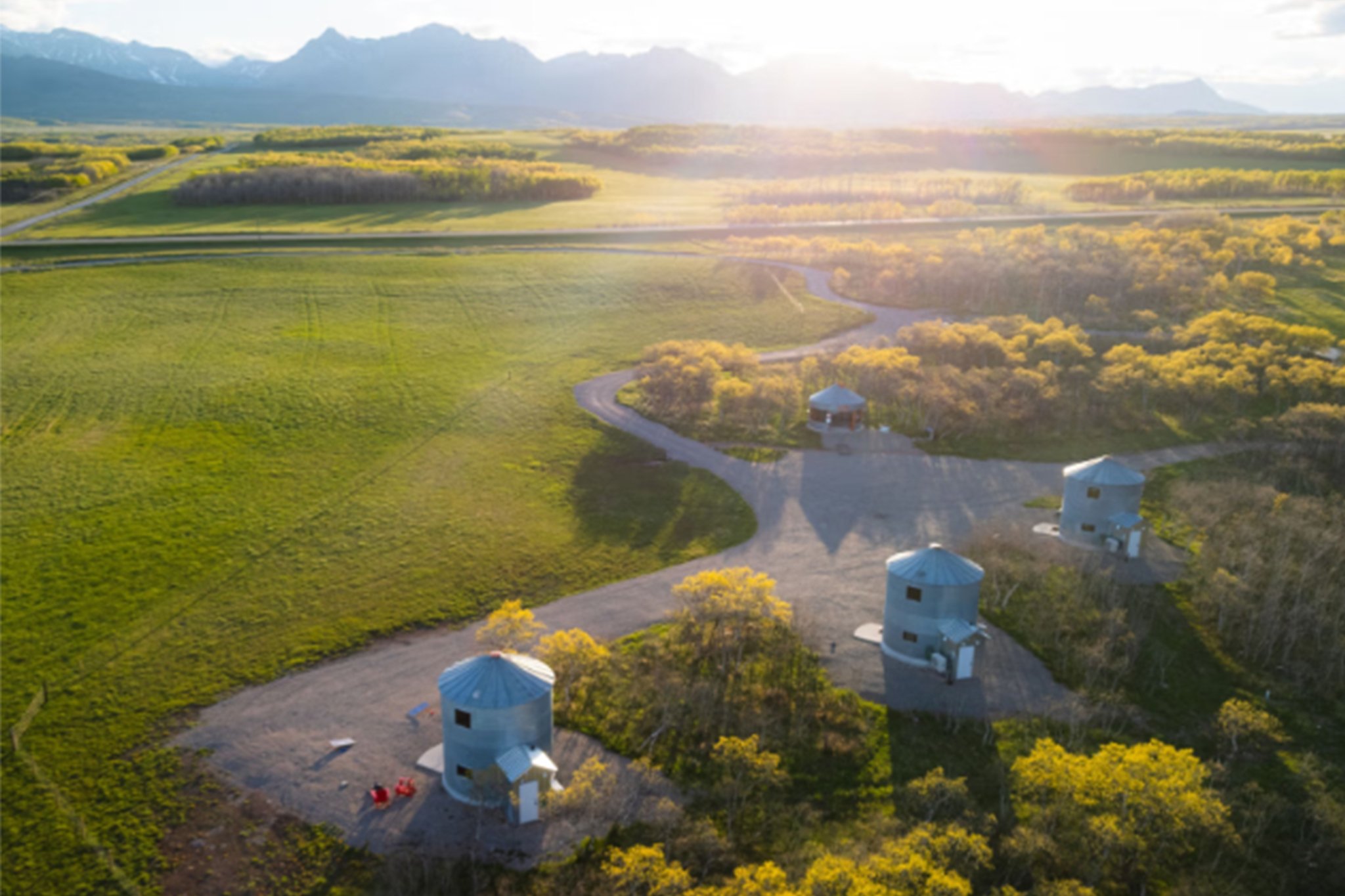 An aerial shot of the property at Twin Butte Silos